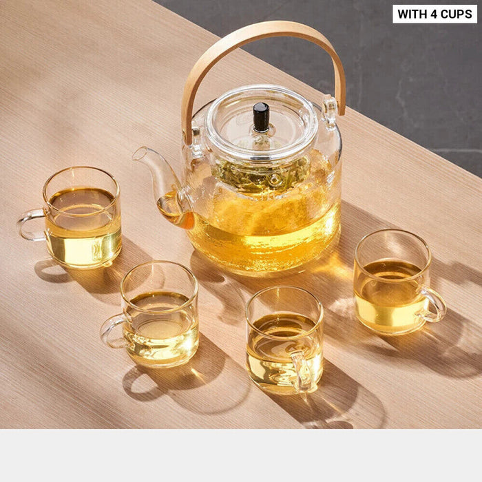 Double Filter Glass Tea Pot Set With Bamboo Handle