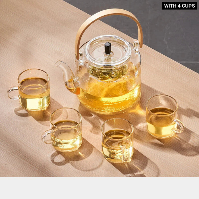 Glass Tea Pot Set With Bamboo Handle And Double Filter Liner
