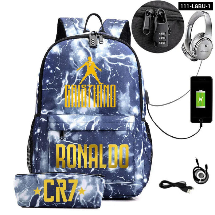 Ronaldo Printed Backpack With Usb And Lock 2 Piece Set