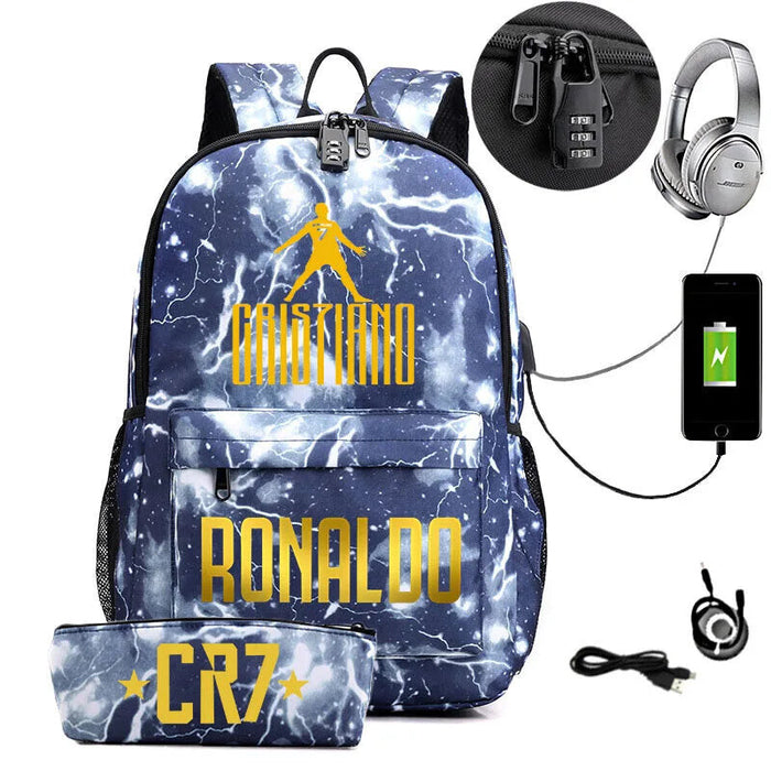 Ronaldo Printed Backpack With Usb And Lock 2 Piece Set