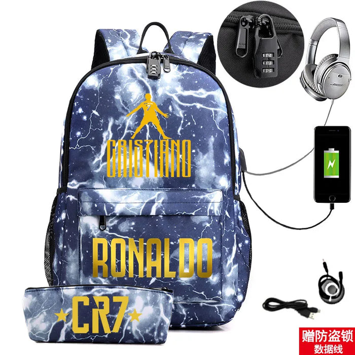 Ronaldo Printed Backpack With Usb And Lock 2 Piece Set