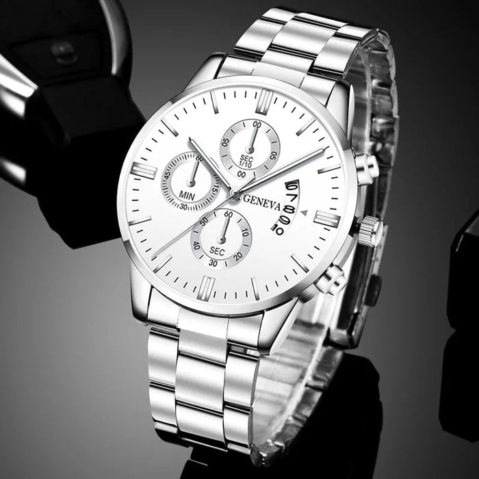 Fashion Mens Watches for Men Luxury Silver Stainless Steel Quartz Wrist Watch Man Business Calendar Watch