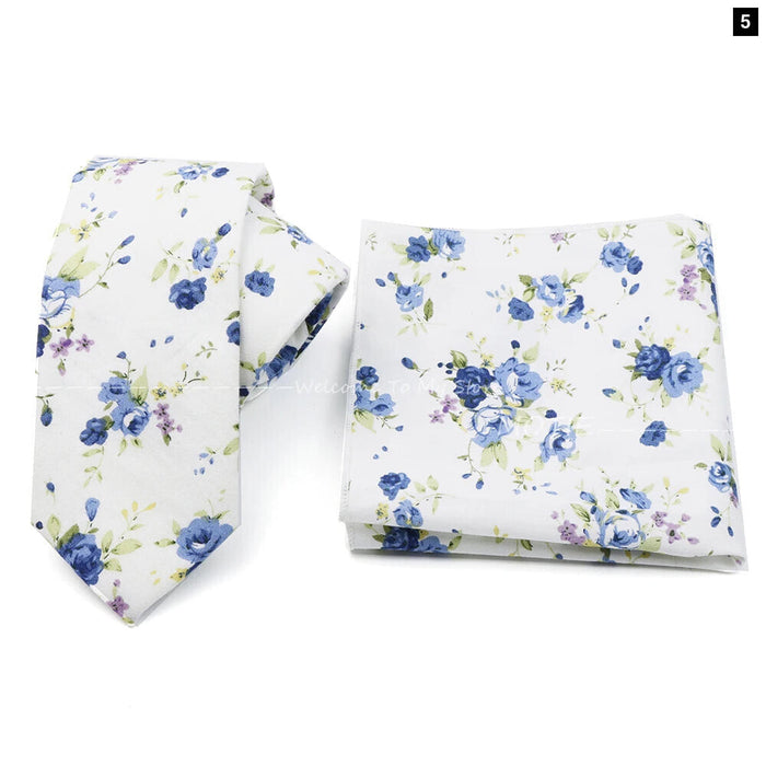 Floral Cotton Ties And Pocket Square Set For Business And Weddings