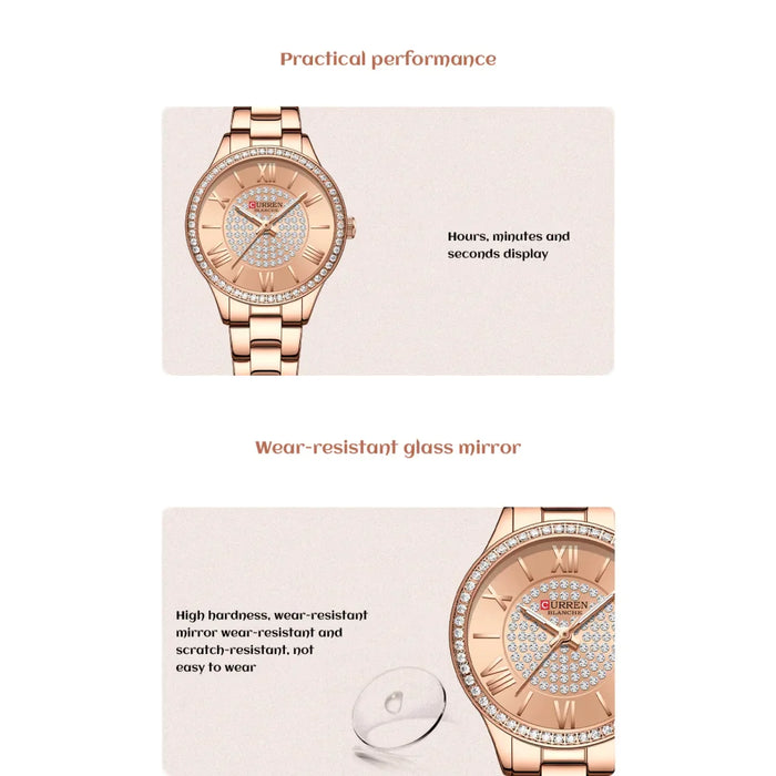 Stainless Steel Rhinestones Rose Dial Quartz Wristwatches For Women