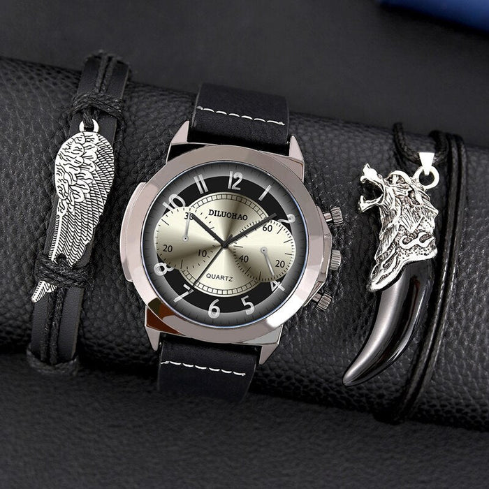 3PCS Set Fashion Mens Bracelet Necklace Watches Men Business Quartz Wrist Watch Classic Male Casual Leather Watch