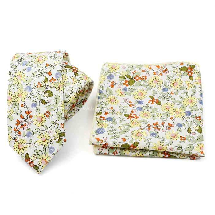 Floral Cotton Ties And Pocket Square Set For Business And Weddings