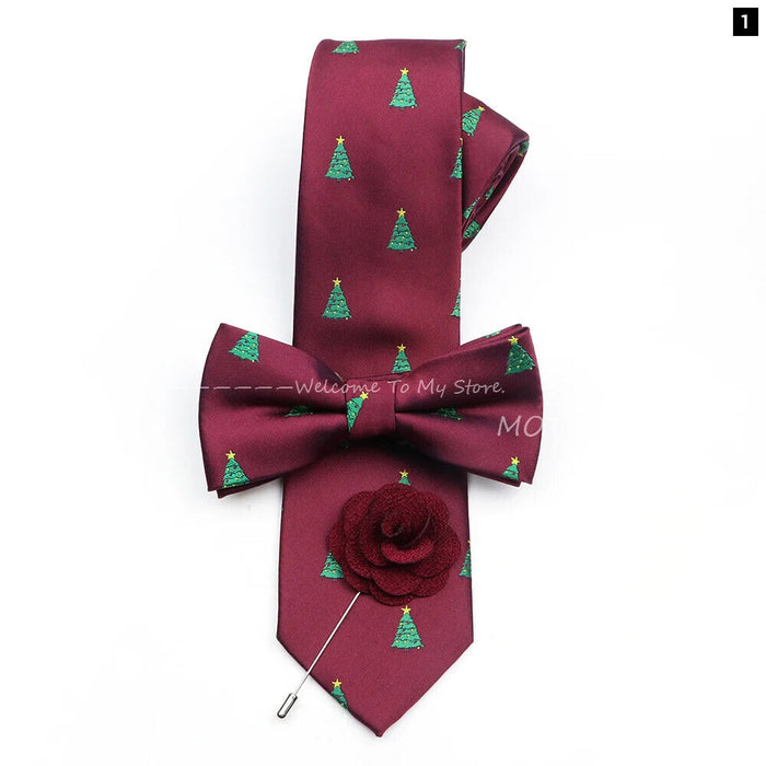 Christmas Tie Set Red Snowflake Bowtie And Brooches For Parties And Gifts