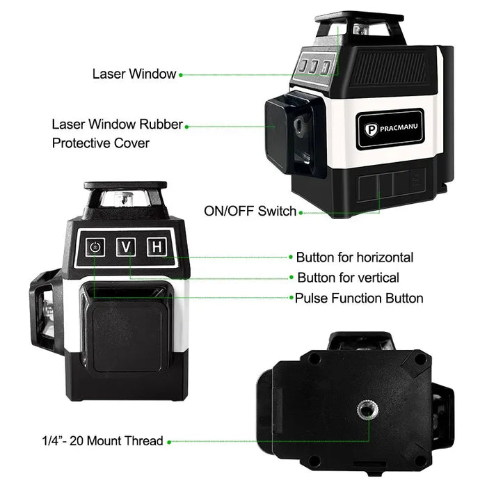 Pracmanu 12 Line 3d Laser Level 360 Self Leveling Green Beam