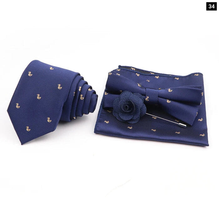 Cartoon Insect Tie Set Blue Bowtie Handkerchief Necktie For Men Business Party Casual Wear Gift