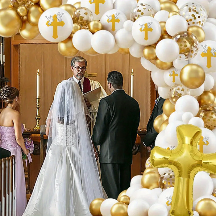 133Pcs First Communion Balloon Garland Arch Set Gold Cross Aluminum Film Balloon For Communion Background Baptismal Decoration