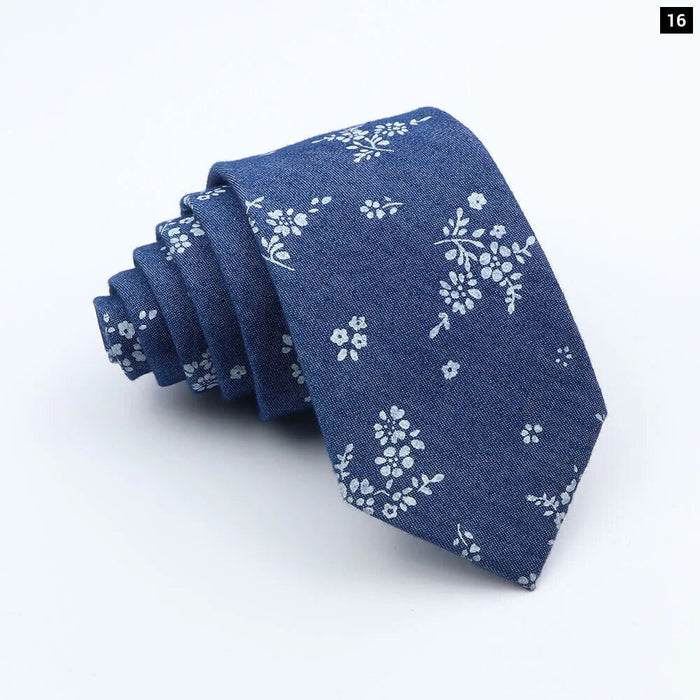 Classic Denim Floral Tie 7cm Skinny Cotton Feather Dot Mens