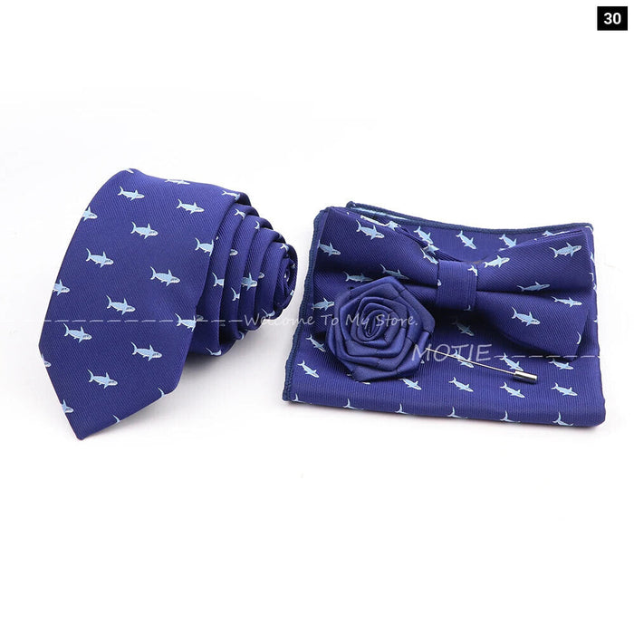 Cartoon Insect Tie Set Blue Bowtie Handkerchief Necktie For Men Business Party Casual Wear Gift