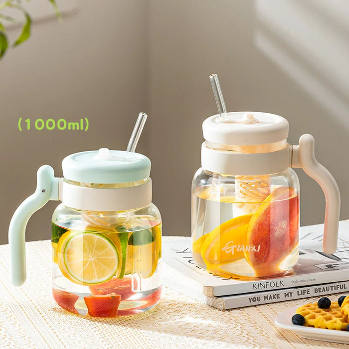 1000ml Glass Tumbler With Lid Straw And Handle