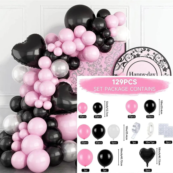 129Pcs Pink Black Theme Balloon Garland Arch Set Birthday Party Wedding Anniversary Celebration Room Interior Decoration