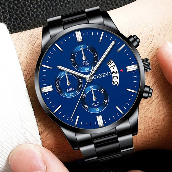 3PCS Set Fashion Mens Calendar Watches Luxury Men Business Black Stainless Steel Quartz Watch Male Necklace Bracelet Wristwatch