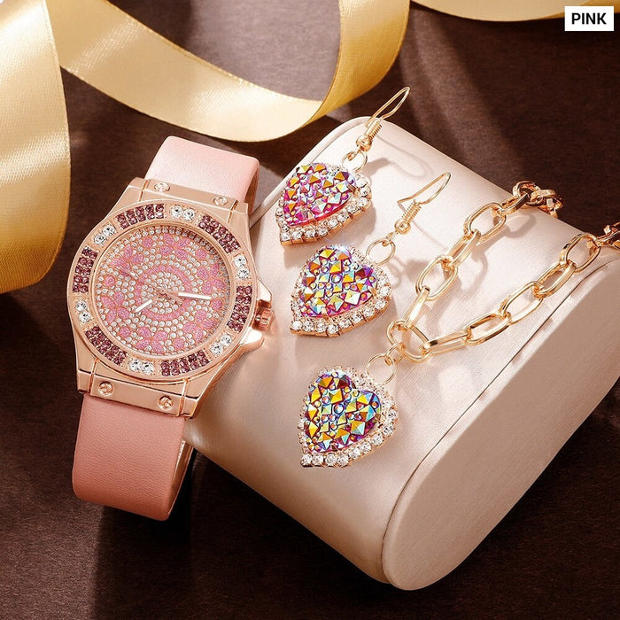 4pcs Set Colour Luxury Watch Women Necklace Earrings