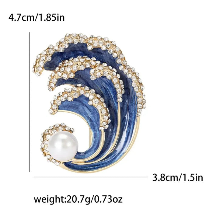 Ocean Blue Green Enamel Sea Wave Brooch For Women Luxury Pearled Lapel Pin With Hollow Out Design