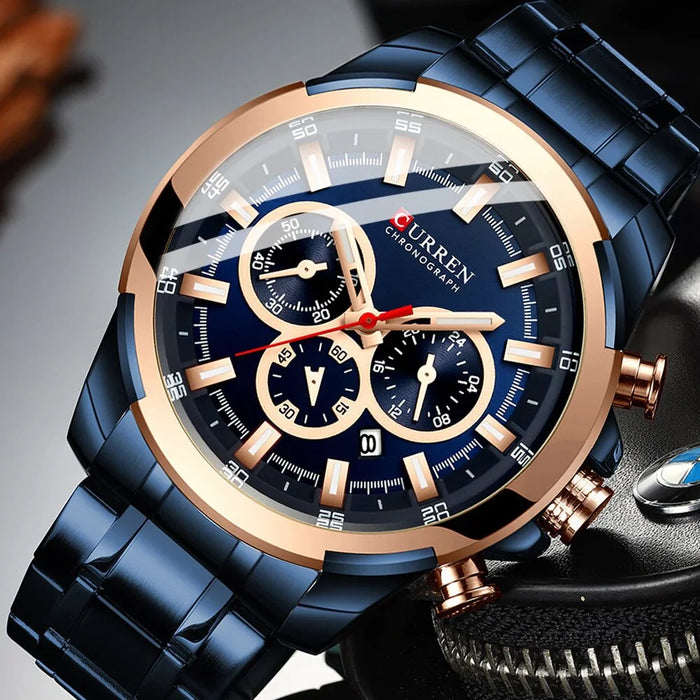 Classic Stainless Steel Quartz Chronograph Wristwatch With Luminous Hands