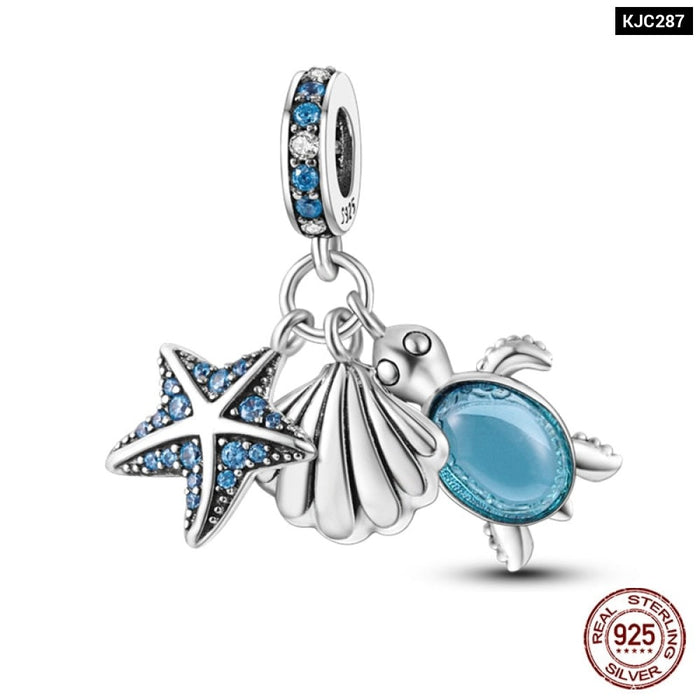 925 Sterling Silver Ocean Series Turtle Crab Mermaid Charms Beads Fit Original Pandora Bracelets Bangles Jewelrys