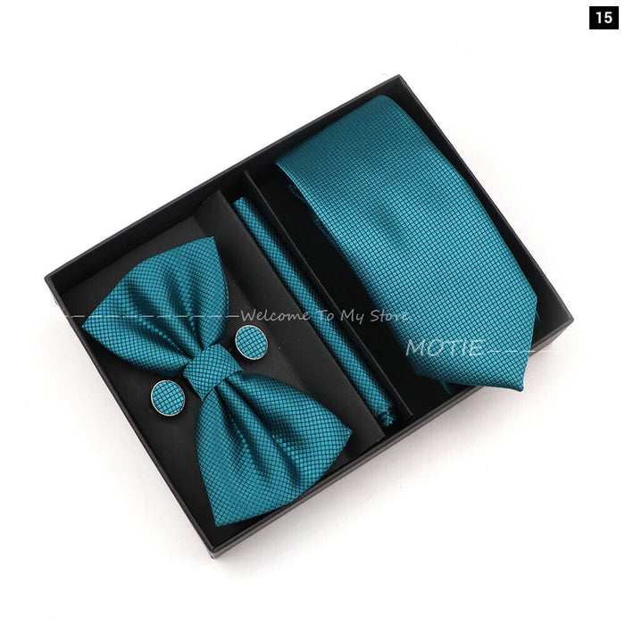 Premium Striped Tie Set Box Necktie Bowtie Handkerchief Cufflinks For Weddings And Suits