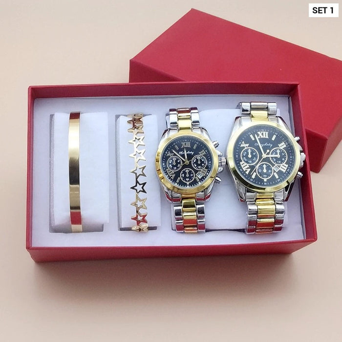 Mens & Womens 4Pcs Quartz Steel Couple Watch Set With Bracelet & Necklace