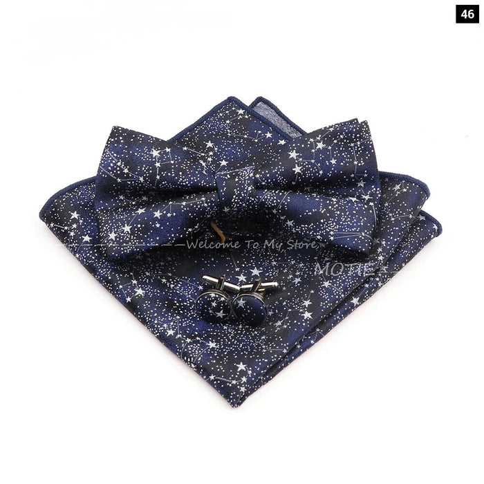 Blue Floral Pocket Square Set Bowtie Cufflink Brooch For Weddings