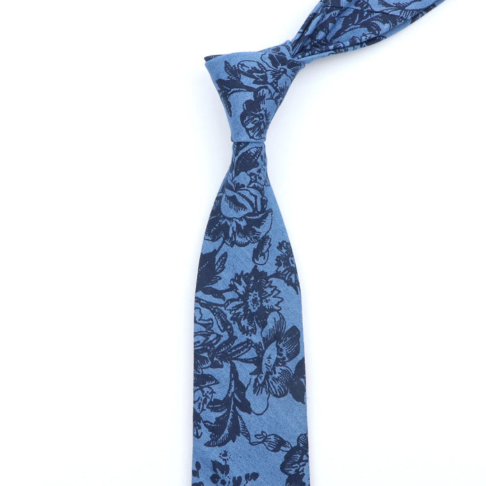 Classic Denim Floral Tie 7cm Skinny Cotton Feather Dot Mens