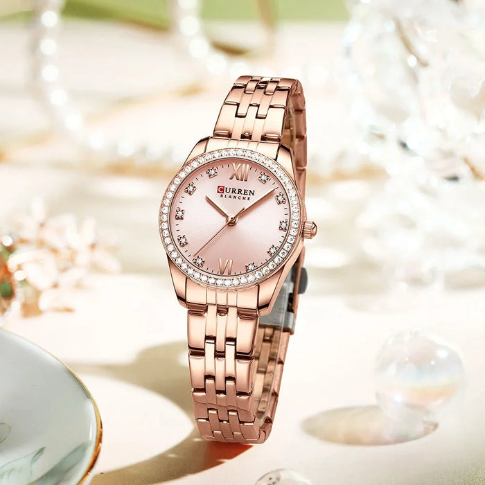 Stainless Steel Charming Rhinestone Rose Dial Quartz Watches For Women