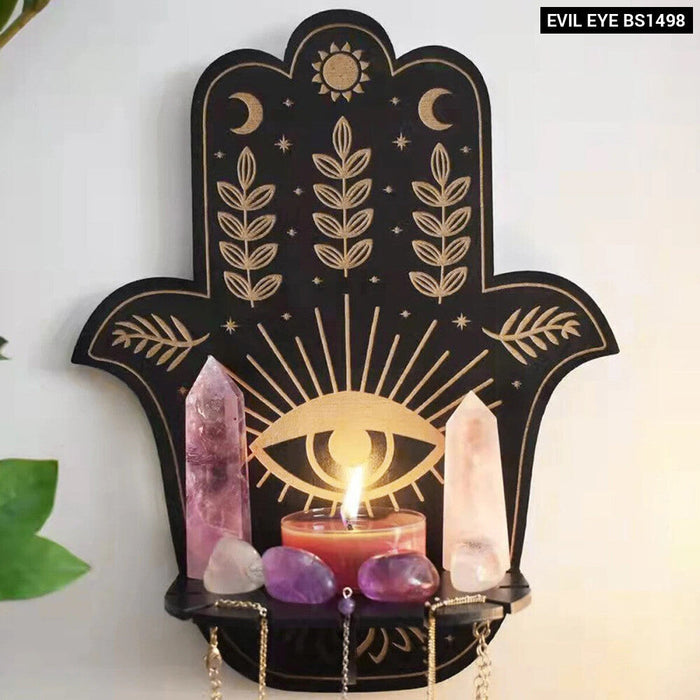 Wooden Hamsa Evil Eye Wall Decor With Crystal Shelf