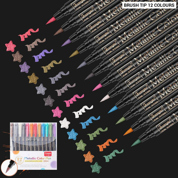 20 Metallic Brush Markers Set 2mm Tip Water Based Black