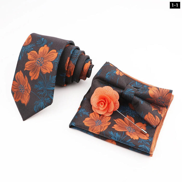 Flower Pattern Ties And Handkerchief Set For Weddings And Business