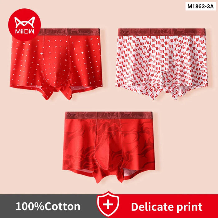 3 Piece Red Antibacterial Cotton Boxer Shorts For Men