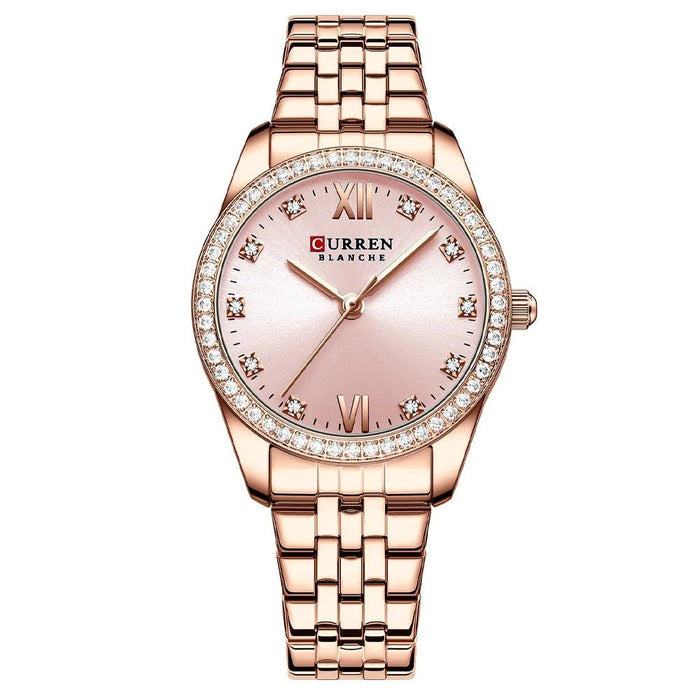 Stainless Steel Charming Rhinestone Rose Dial Quartz Watches For Women