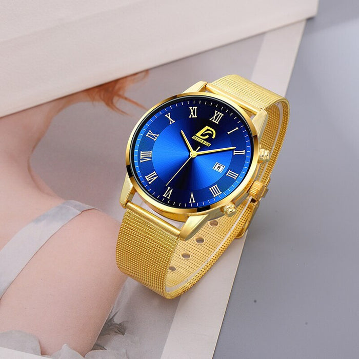 2PCS Set Fashion Mens Calendar Watches Luxury Men Business Gold Stainless Steel Mesh Belt Quartz Watch