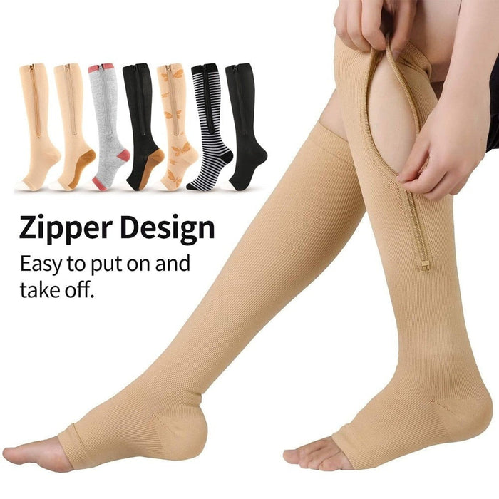 1Pair Unisex Open Toe Calf Zipper Compression Stockings For Women