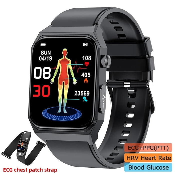 Mens 1.9Inch Heart Rateblood Glucose Pressure Oxygen Body Temperature Monitor Smartwatch