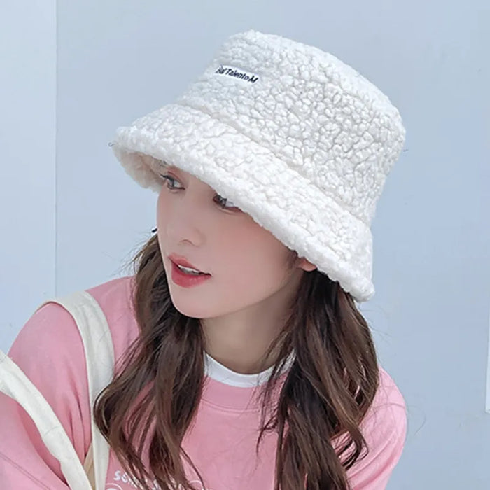 Kids Winter Bucket Hat Cute Lamb Wool Fisherman Hat For Boys And Girls Solid Flat Top Design Thick And Warm Sun Cap For Outdoor Activities