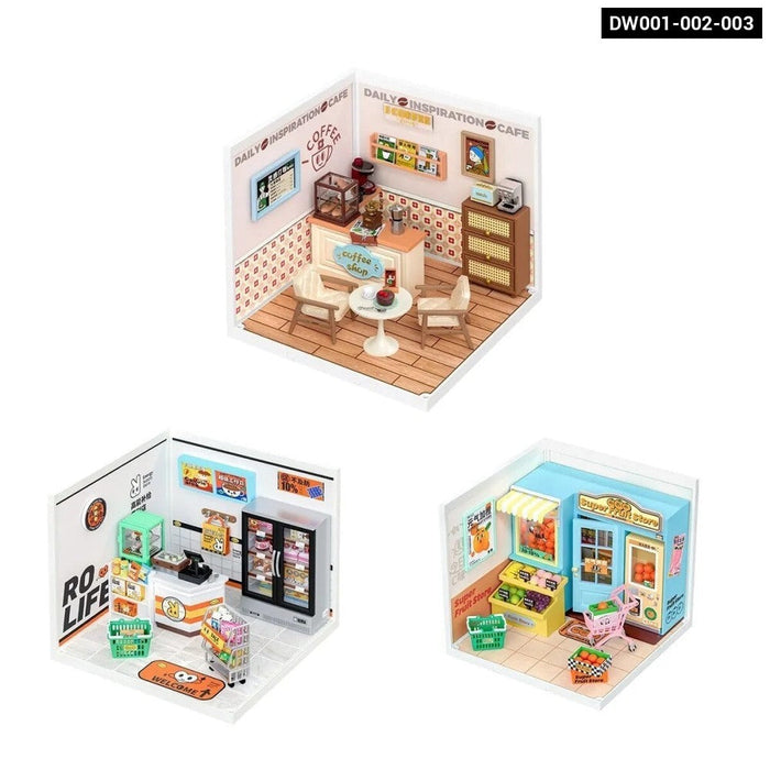 Create Plastic Diy Miniature House Cafe Energy Supply Store Funny Toys Building Block Sets For Kids