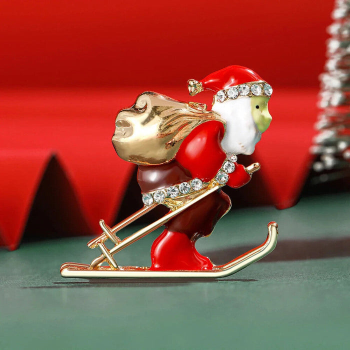 Santa Skiing Enamel Lapel Pin Christmas Womens Brooch For