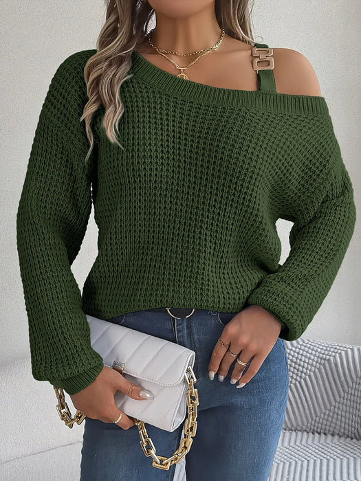 Off Shoulder Metal Buckle Sweater For Women