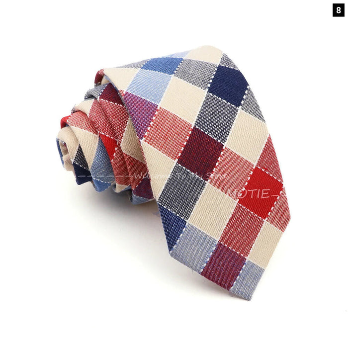 Classic Plaid Striped Cotton Necktie Blue Pink For Business And Weddings