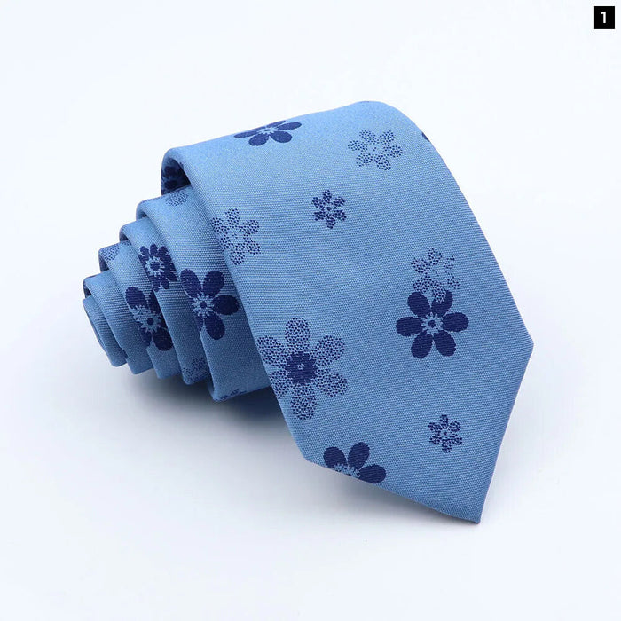 Classic Denim Floral Tie 7cm Skinny Cotton Feather Dot Mens