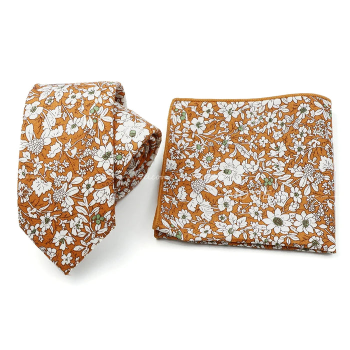 Floral Cotton Ties And Pocket Square Set For Business And Weddings