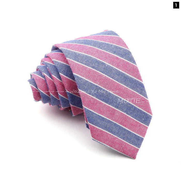 Classic Plaid Striped Cotton Necktie Blue Pink For Business And Weddings