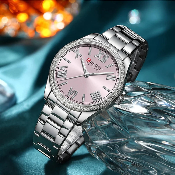 Stainless Steel Rhinestones Roman Numeral Dial Ladies Wristwatches