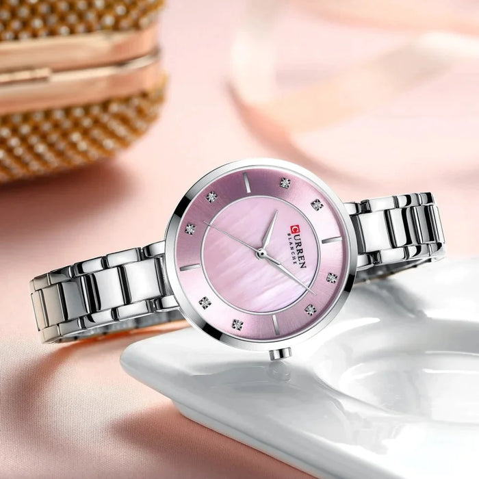 Waterproof Stainless Steel Rhinestone Dial Quartz Wristwatch For Ladies