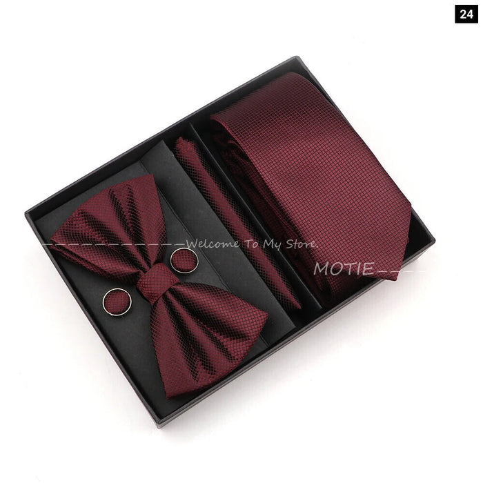 Premium Striped Tie Set Box Necktie Bowtie Handkerchief Cufflinks For Weddings And Suits