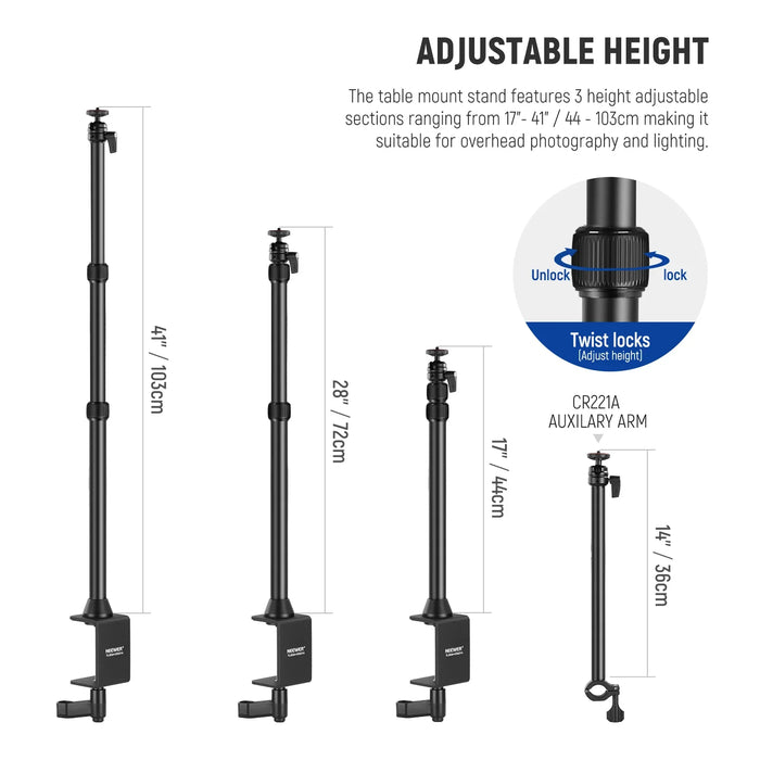 Adjustable Camera Desk Mount With Overhead C Clamp Ideal For Dslr Cameras Phones And Lights