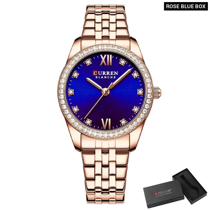 Stainless Steel Charming Rhinestone Rose Dial Quartz Watches For Women