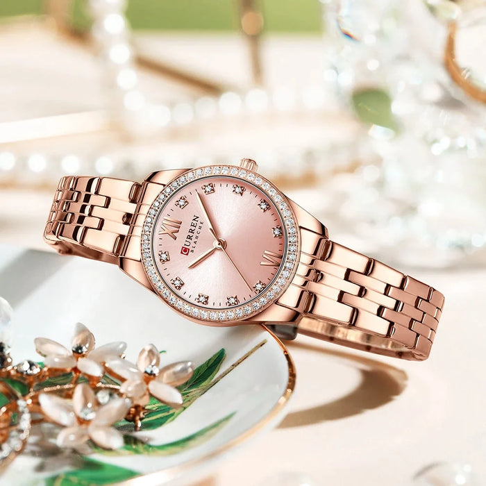 Rhinestone Stainless Steel Charming Quartz Rose Wristwatches